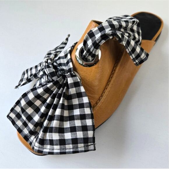 Freda Salvador NEW Ono Gingham Bow Tie Grommet Yellow Leather Mule Flats Size 7 - Picture 11 of 16